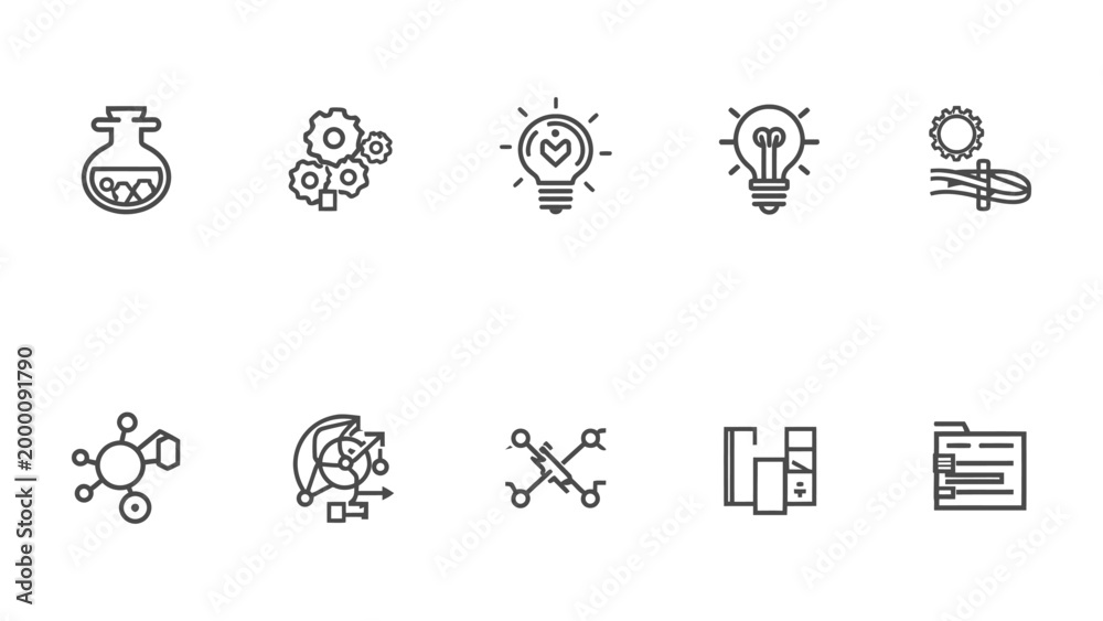 Fototapeta premium Innovative Solutions Icons: A set of minimalistic icons representing various concepts like innovation, development, scientific research, data analysis, and creative ideas.