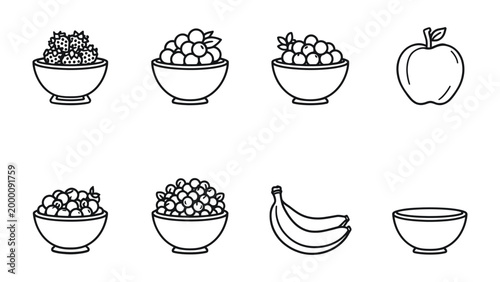 Bild auf Leinwand Assorted Fruit Bowls Outline: A minimalist line art illustration featuring various bowls filled with an array of assorted fruits, with single apple and banana