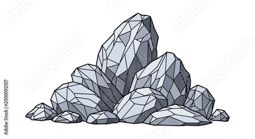 Pile of large jagged gray rocks with sharp edges and faceted surfaces is illustrated in a clean modern graphic style.