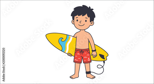 Cartoon boy with surfboard colorful illustration on white background