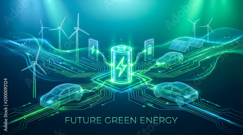 bright glowing green battery illuminating electric cars wind turbines solar panels futuristic smart energy grid circuit board lines clean mobility alternative power concept