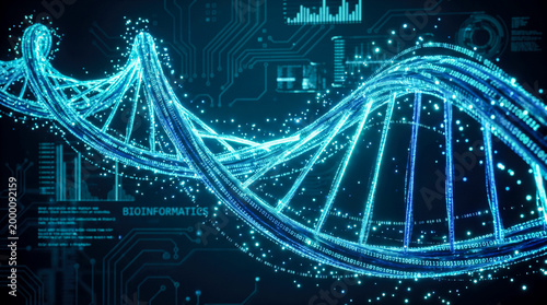 Glowing blue digital DNA double helix structure floating particles bioinformatics medical technology cyber health background genetic code science futuristic concept