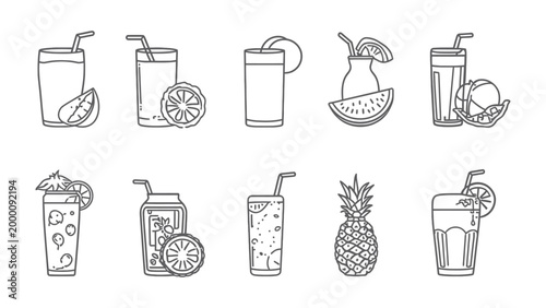 Schilderij op canvas Assortment of Refreshing Drinks: A collection of diverse, invigorating beverages, including juice glasses and a pineapple, offering a visual journey of fruity refreshment and culinary delight
