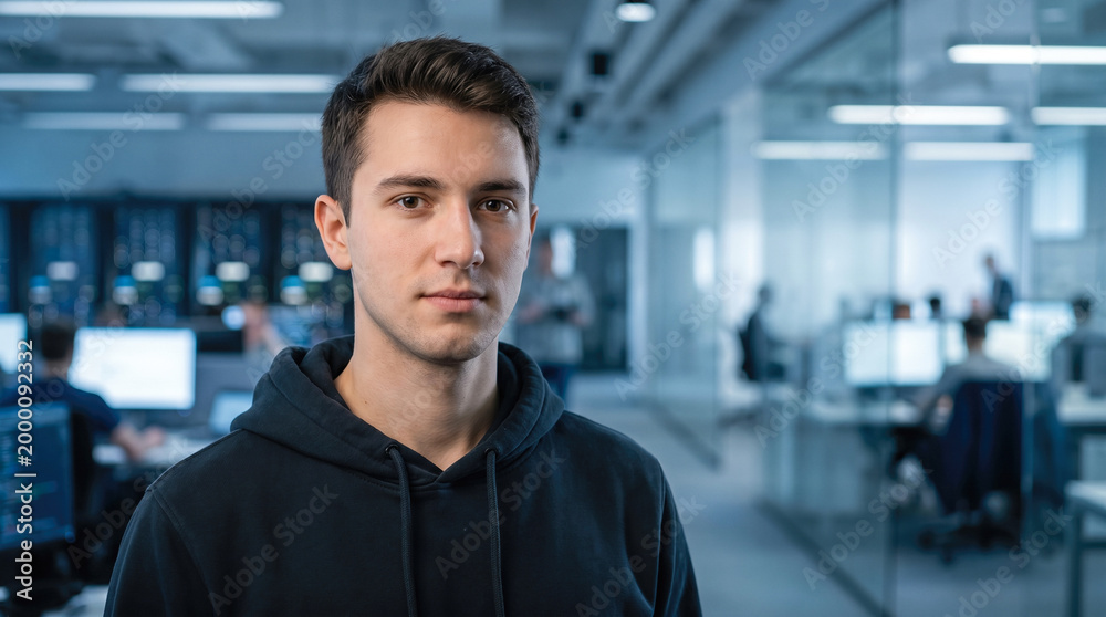 Obraz premium Portrait young professional man software engineer developer programmer standing modern office coworking space technology background serious confident face