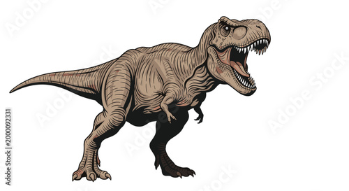 Fearsome Tyrannosaurus Rex dinosaur is illustrated roaring with its mouth wide open showing multiple sharp teeth.