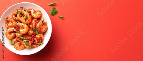 Spicy cooked shrimp with herbs and chili on white plate with copy space