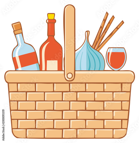 Picnic hamper with wine bottles, glass, garlic, breadsticks for outdoor dining or travel illustration