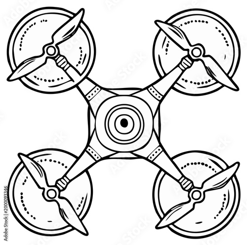 Hand drawn illustration of a quadcopter drone with propellers and camera lens