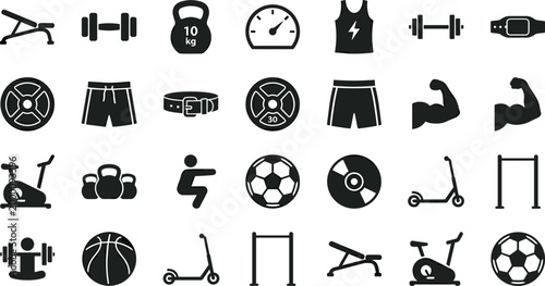 Black and White Sports and Fitness Icons with Gym Equipment, Athletic Training Symbols, and Hand Drawn Line Art Design