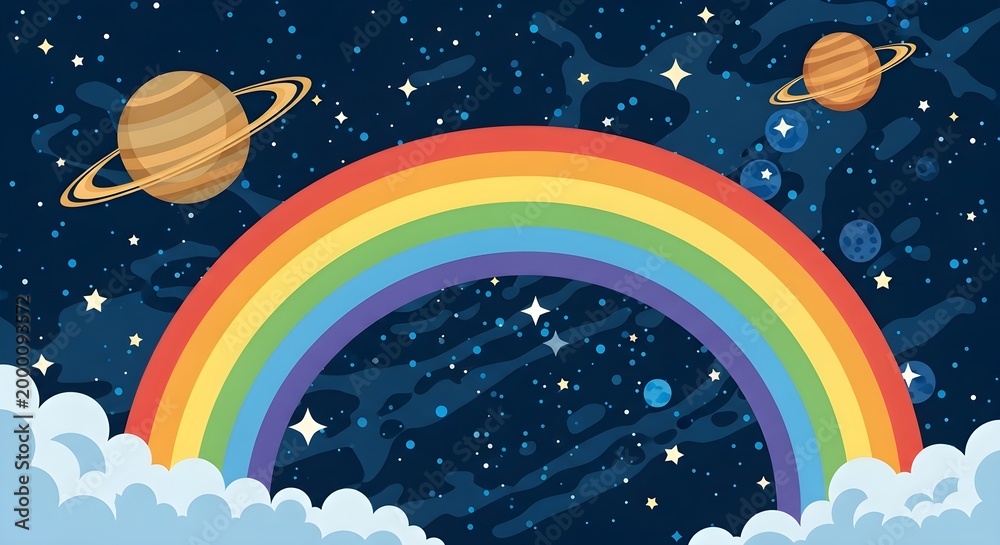 Fototapeta premium Vibrant Rainbow Arching Over Cosmic Expanse With Saturn And Stars