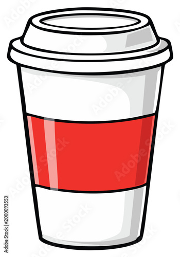 Cartoon coffee cup with a red wrap and a white lid, vector graphic illustration.