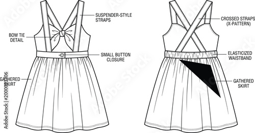 Technical Fashion Flat Sketch of Girls Pinafore Dress Featuring Suspender Straps, Crossed Back Design, Elasticized Waistband, and Gathered Skirt for Apparel Manufacturing