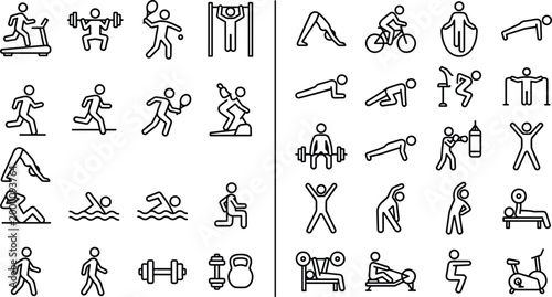 Black Line Fitness and Sports Activity Icons with Gym Exercises, Athletic Training, and Healthy Lifestyle Symbol Design