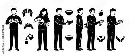People Giving Food Charity Icons Set, Breaking Bread and Serving Meals Concept, Minimalist Black and White Human Figures Sharing Resources, Community Support and Poverty Alleviation Graphic Vector Ill