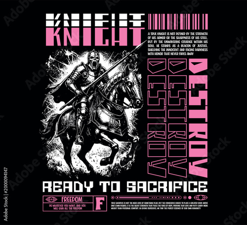 Fotografía Knight slogan typography with distorted knight riding a horse for fashion graphi