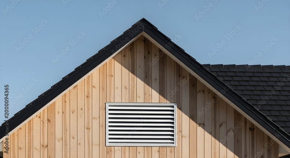 Fototapeta premium Modern House Gable With Wooden Siding and Ventilation Grille Under Clear Sky