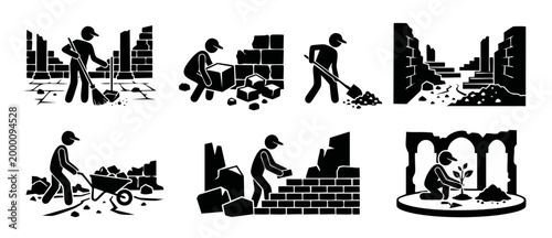 Construction and Restoration Icon Set, Workers Cleaning and Rebuilding Ancient Ruins, Repairing Damaged Infrastructure and Planting Trees for Urban Renewal and Historical Preservation Vector Graphics
