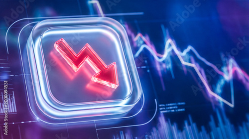 glowing red downward zigzag arrow glass square button blurred financial stock market graph chart background economic crisis bankruptcy falling prices investment loss concept