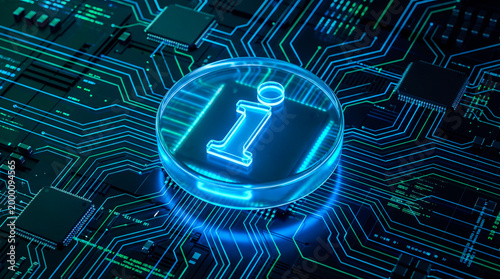 tech information support concept glowing blue info icon sitting modern microchip motherboard circuit board electronic hardware computing data center processing network background