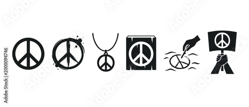 Peace Sign Icon Set: Black and White Vector Symbols for Global Unity, Anti-War Protest, Hippie Culture, Social Activism, Harmony, and Nonviolence Graphic Design Elements on Isolated White Background