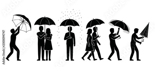People with umbrellas silhouette icon set, walking and standing in rain, opening and closing action poses for weather protection and daily commuting activities, simple black vector design collection.
