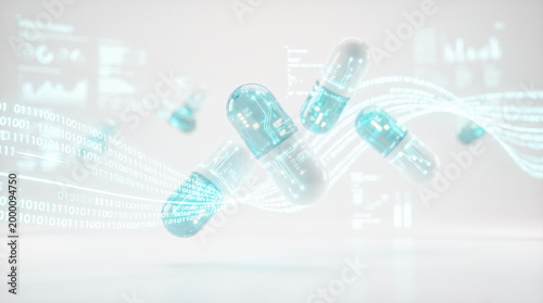 Glowing digital medicine capsules floating abstract data code lines modern futuristic healthcare pharmacy science medical research smart drug health technology concept render