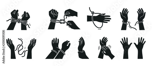 Hands freed from rope set, black icons showing bondage release, breaking chains and liberation concept. Simple vector illustrations representing human rights, freedom, empowerment and overcoming obsta