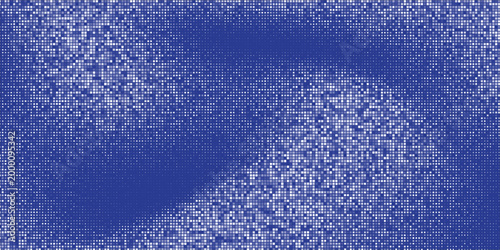 Geometric abstract background with blue and white square mosaic grid vignette.