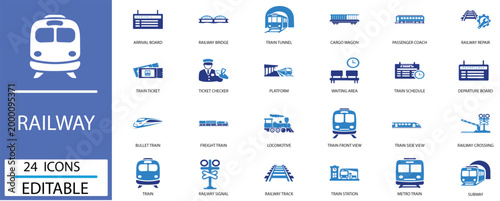 
RAILWAY TRANSPORT LOGISTICS SUBWAY METRO TRAIN VECTOR ICON SET featuring STATION, TRAVEL, BULLET, TICKET, PLATFORM, TRACK, CROSSING, SIGNAL, WAGON, COACH, BRIDGE, TUNNEL collection.
