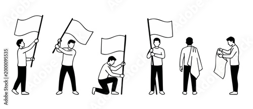 People Holding Blank Flags Set, Minimalist Line Art Character Illustrations for Protest, Victory, and Success Concepts, Isolated on White Background for Professional Presentation and Design Projects