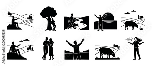 People in Nature Silhouette Icons Set, Outdoor Lifestyle Activities and Peaceful Scenery Concepts, Minimalist Vector Collection for Travel, Wellness, Rural Farm Life and Mindful Living Designs Illustr