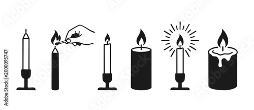 Candle icon set with flame, lighting match and wax melting, simple black flat design collection for web and graphic elements, isolated vector silhouettes of ritual candles in holders for spa and decor