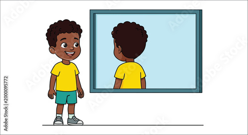 cartoon boy looking at himself in a mirror cheerful expression