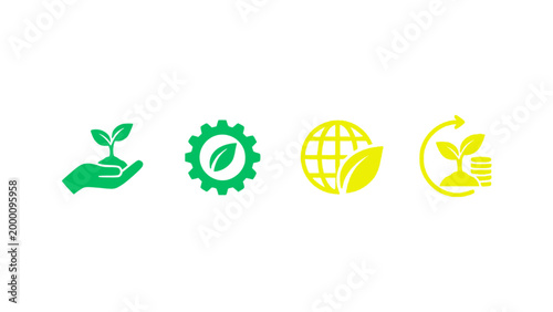 Icons combining sustainability, technology, and environmental care.