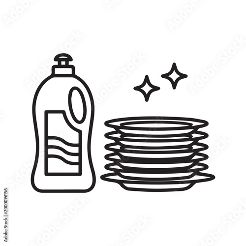 Dish Soap Detergent Bottle and Clean Stacked Plates Vector Icon
