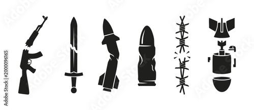 Broken Weapons Icons Set, Damaged Military Gear and Peace Concept Silhouette Symbols. Anti-war illustration featuring shattered firearms, blade, missile, bullet, barbed wire, and deactivated bomb desi