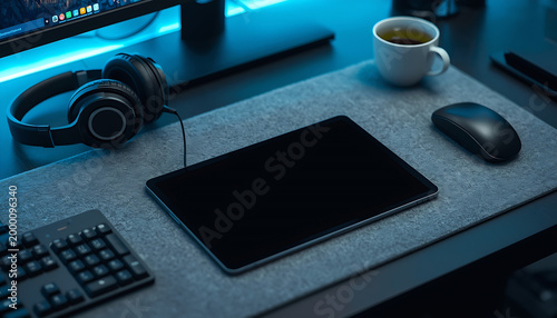 a tab on the table with a laptop and headphones and a drink