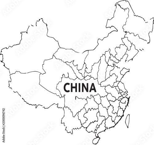 Black and white outline map of china showing provincial borders and regions with text label for geography education and travel design projects