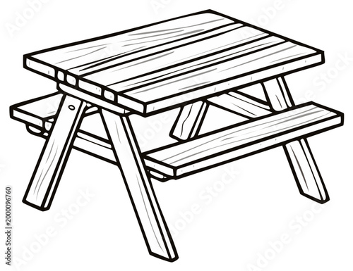 Rustic wooden picnic table outline drawing for outdoor dining and leisure activities