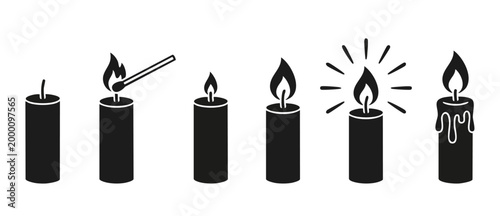 Candle flame ignition process steps black silhouette set, isolated on white background. Illustration showing wax melt, lighting candle with match, burning wick stages for meditation, spa, or occult de