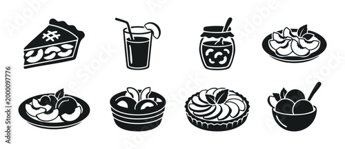 Peach Dessert Icons Set, Fresh Fruit Food Symbols for Restaurant Menu, Vector Collection of Pie, Juice, Jam, Salad, Tart and Ice Cream Illustrations in Minimalist Black and White Graphic Design Style