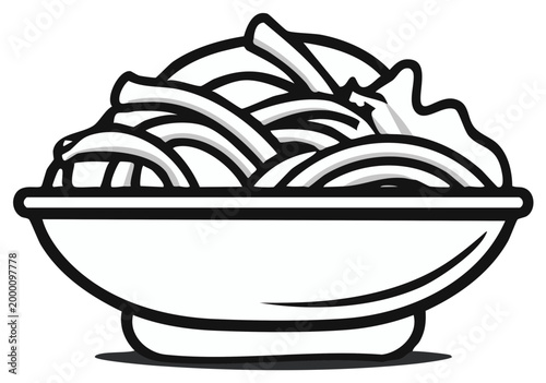 Black and white illustration of a bowl filled with noodles and broth
