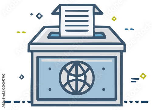 Illustration of a Ballot Box with Globe Symbol and Paper Ballot
