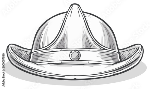 Monochrome illustration of conquistador morion helmet with brim and detail for historical reenactment concepts