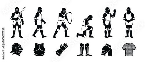 Knight silhouette icon set, medieval warrior armor and sword poses, flat black vector collection of historical soldier figures, castle guard equipment and protective gear for fantasy RPG game design
