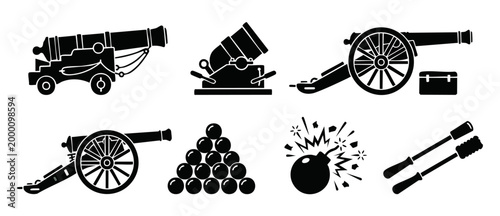 Vintage Cannon Artillery Icon Set, Historical Military Weaponry Collection, Black Silhouette Artillery Pieces, Cannonballs, and Exploding Bomb Graphics for Battle Field Strategy and Game Asset Design