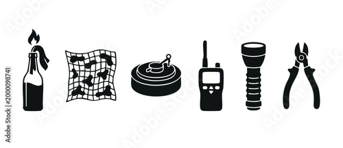Military Equipment Icons Set, Tactical Gear Symbols Including Molotov Cocktail, Landmine, Walkie Talkie, Flashlight and Pliers for Security, Survival, Combat or Strategy Game Design Elements on White