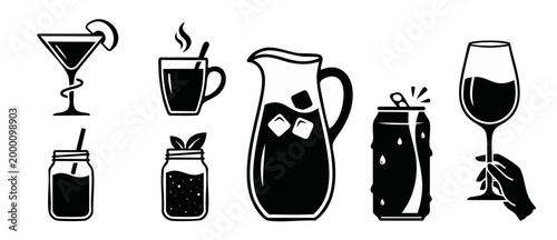 Beverage Icons Set Vector Graphic, Drinks Collection for Menu Design, Cocktail Glass, Coffee Cup, Pitcher, Soda Can and Wine Glass Silhouette Graphics for Restaurant Bar Illustration Minimalist Style