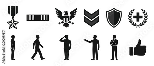 Military Rank Insignia and Soldier Icons Set for Army and Defense Design Elements. A collection of black vector silhouettes including medals, eagle emblem, stripes, shield, and professional poses.