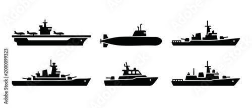 Military warship silhouette set, aircraft carrier and submarine icons, naval vessel collection, battle ship and patrol boat vector graphics for maritime defense and navy fleet infographic design eleme